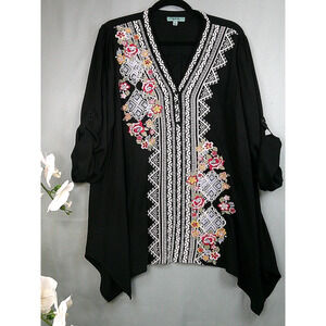 April Sky BOHO Chic Black Floral Embroidered Blouse/Top-Women's 1X